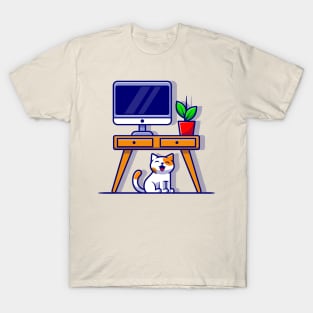 Cute Cat Under Table Cartoon T-Shirt